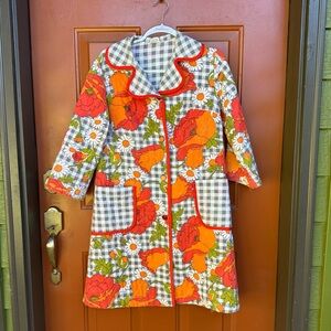 Vintage Gray Checkered housecoat with orange poppy print.